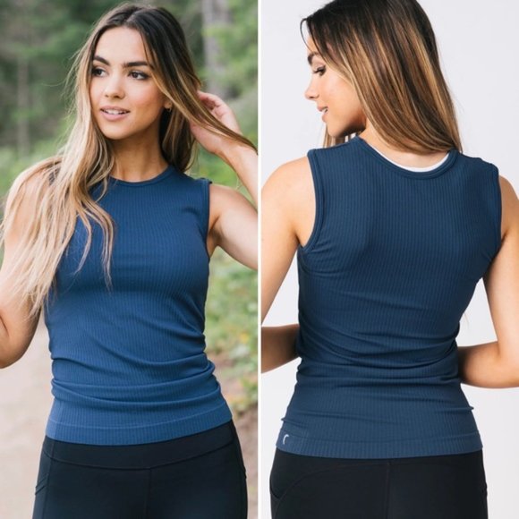 NEW Zyia Active Parallel Tank Top Seamless Stretchy Ribbed Knit Navy Blue XXL - Picture 1 of 9
